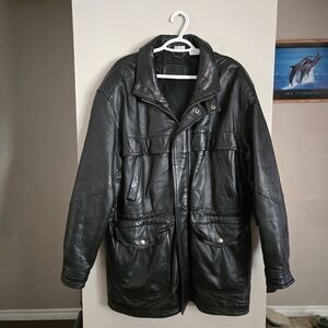 Saxony Mens 100% Leather Long Jacket Large
